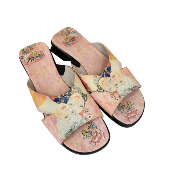 Icon Gustav Klimt Women Friends Leather Kitten Heel Sandals Wearable Art - Picture 1 of 11